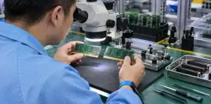 An engineer compares a worn card-edge contact with a replacement PCB at an inspection bench.