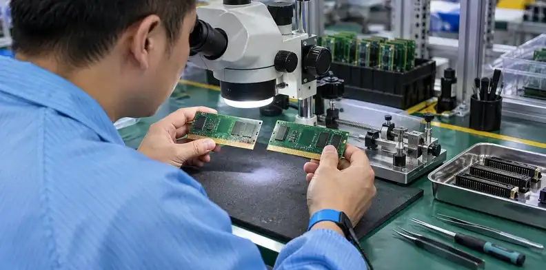 An engineer compares a worn card-edge contact with a replacement PCB at an inspection bench.