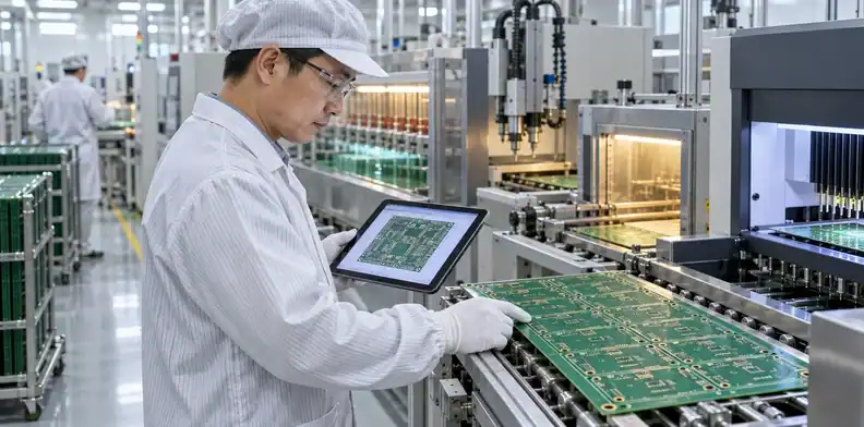 Engineers oversee PCB manufacturing steps across a modern bare-board production line.