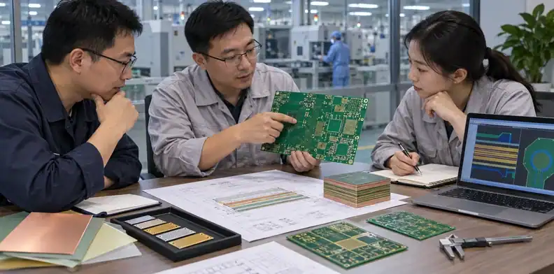 A buyer and fabrication engineer review route evidence for a PCB RFQ.