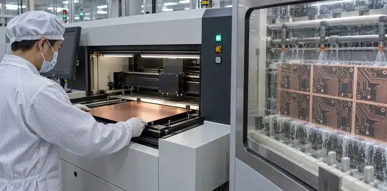 Copper panels move through imaging and etching during PCB fabrication.