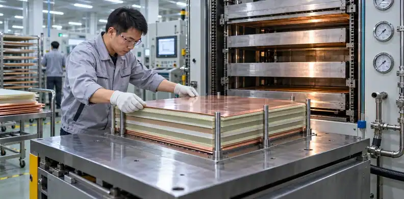 A vacuum press laminates registered PCB layers into one panel.