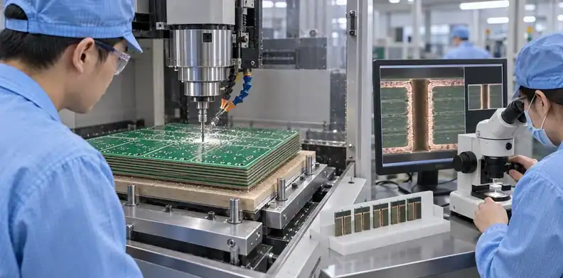 CNC drilling forms plated-hole locations in a PCB production panel.