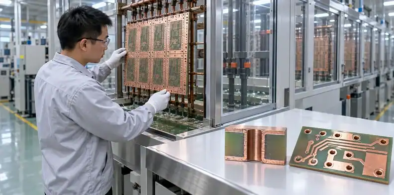 Copper deposition and plating build conductive hole walls and outer layers.
