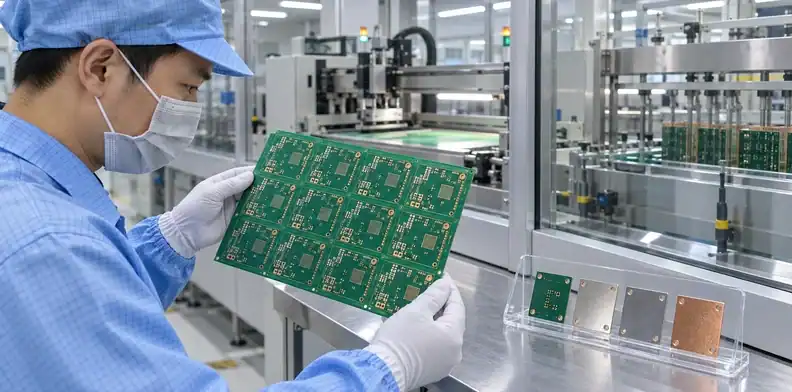 Solder mask and surface finish are inspected on fabricated PCB panels.