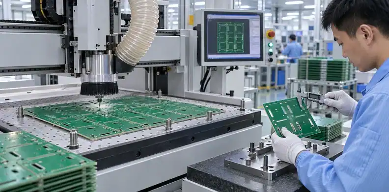 Routing equipment profiles finished boards from the production panel.