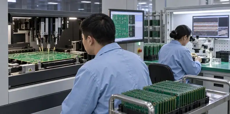 Flying-probe testing verifies continuity before final bare-board inspection.