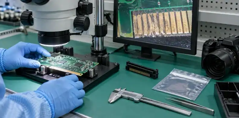 A technician documents damaged edge contacts, the mating connector, and evidence before cleaning.