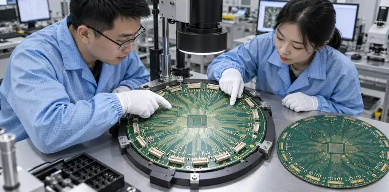 Engineers review dense radial routing and connector fanout on a circular probe card PCB.
