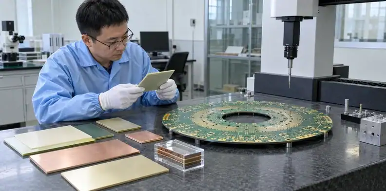 A materials engineer compares laminate samples and a multilayer probe card PCB during dimensional inspection.