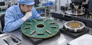 An engineer reviews a circular probe card PCB beside a separate probe-head contact assembly.