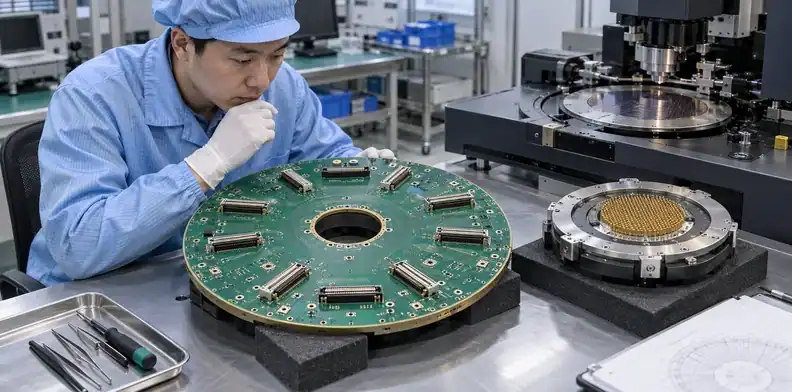 An engineer reviews a circular probe card PCB beside a separate probe-head contact assembly.