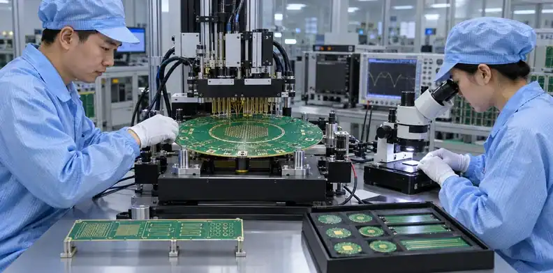 Technicians perform bare-board electrical testing and microscope inspection on a probe card PCB.