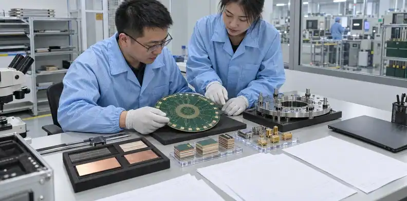 Engineers organize a probe card PCB, material samples, connector hardware, fixture, and drawings for an RFQ.