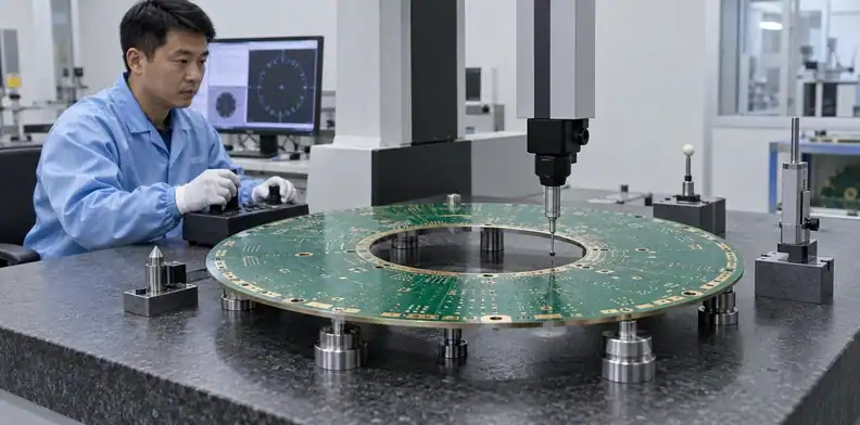 A metrology technician measures hole position and local planarity on a large circular PCB.