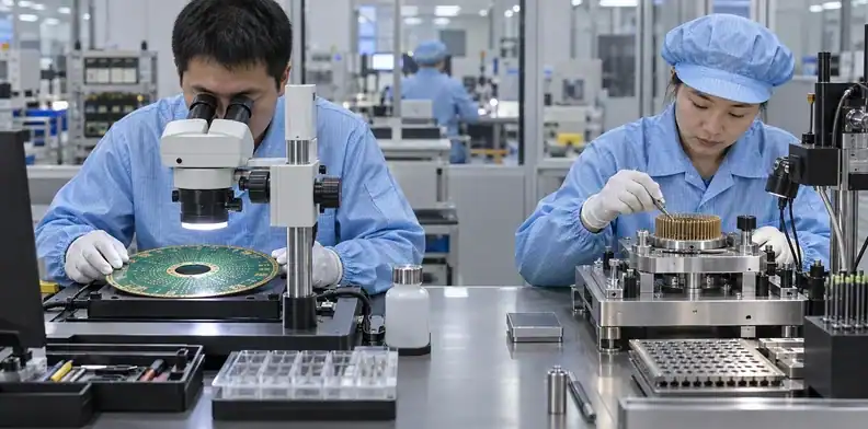 Two engineers inspect a bare probe card PCB and a separate probe-head fixture in different work zones.