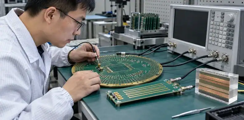 An engineer measures a probe card PCB beside an impedance coupon and multilayer stackup cross-section.