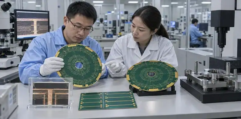 Supplier-quality engineers compare two probe card PCB samples with microsection and test coupons.