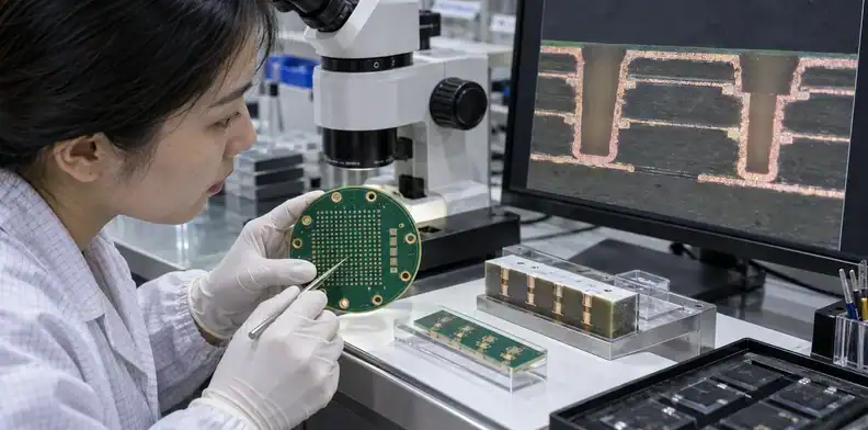 A quality engineer inspects via-in-pad structures and a polished microvia cross-section.