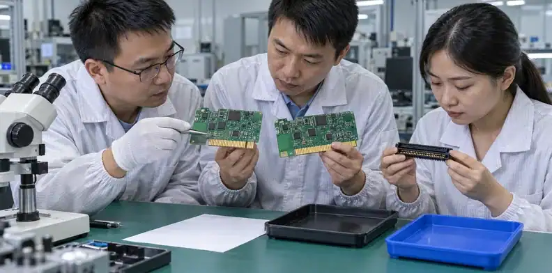 Engineering and quality staff compare a damaged board, a replacement board, and its mating connector.