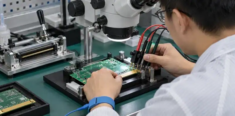 A repaired edge contact is checked with four-wire probes, microscopy, and a mating fixture.