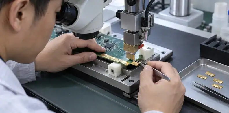 A plated replacement contact is aligned and bonded onto a prepared PCB edge under magnification.