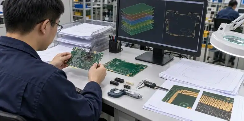 An engineer organizes damaged samples, connector data, drawings, and measurements for a replacement PCB quote.