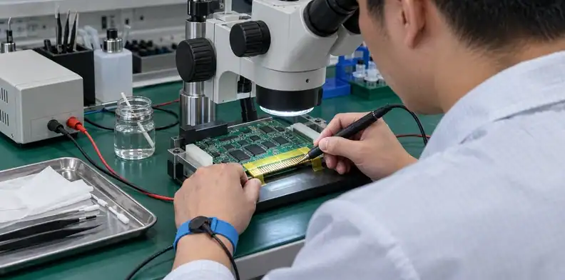 A masked card edge undergoes controlled selective gold plating at a professional repair station.
