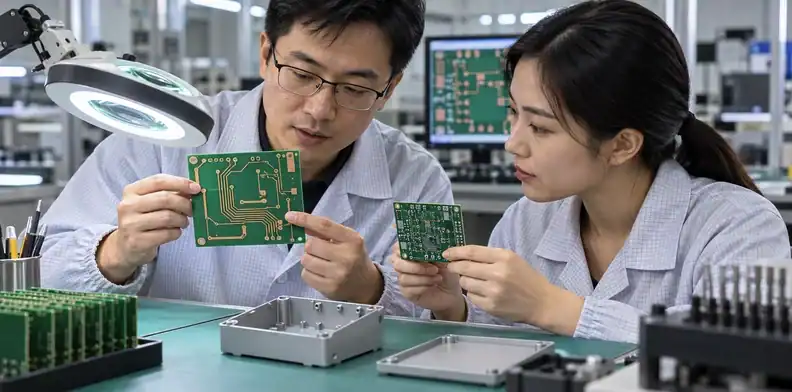 An engineer compares a single-sided PCB with a double-sided alternative.