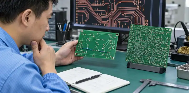 An engineer evaluates routing congestion and jumper options on a one-layer PCB.