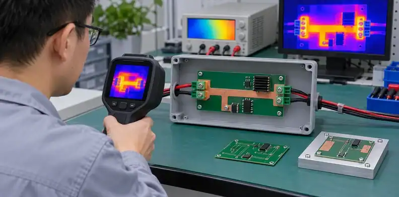 Wide copper traces undergo current and thermal review on a simple board.