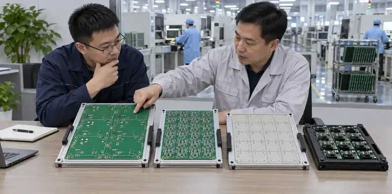 Physical board samples help compare material savings with assembly labor.