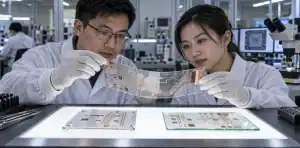 Engineers inspect transparent PCB samples on an optical laboratory bench.