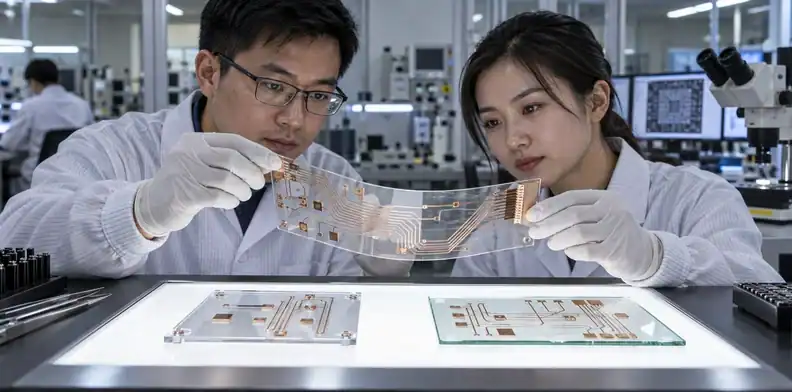 Engineers inspect transparent PCB samples on an optical laboratory bench.