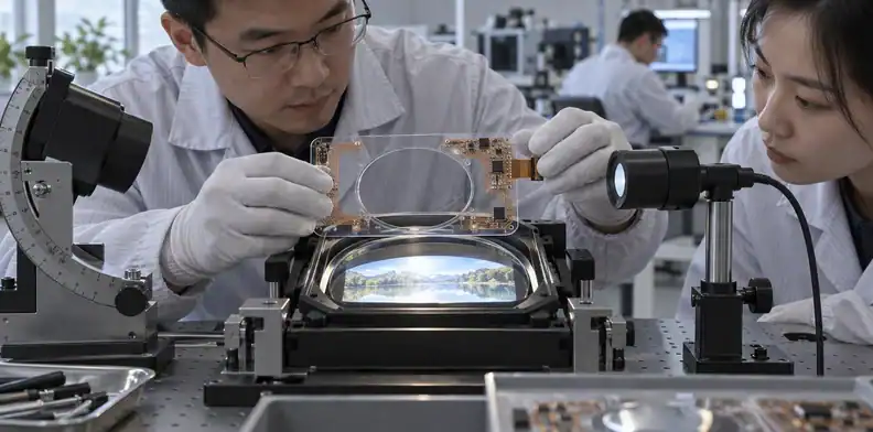 An engineer measures the required clear area of a transparent circuit.