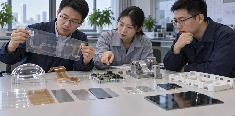A buyer and engineer review a transparent circuit sample and RFQ package.