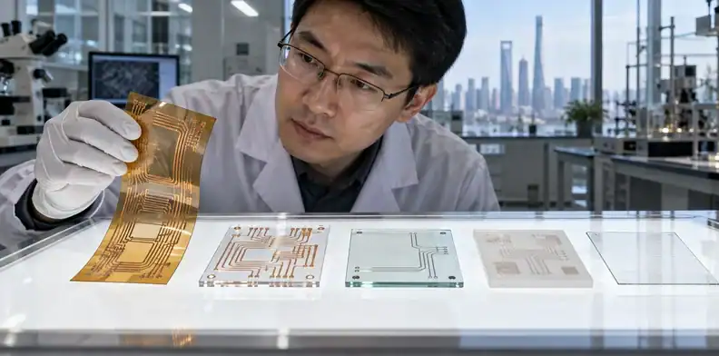 Transparent flex, rigid, glass, and ceramic circuit architectures are compared.