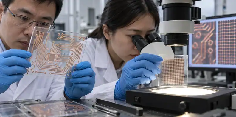 Visible copper traces and a fine conductive mesh show different transparency approaches.