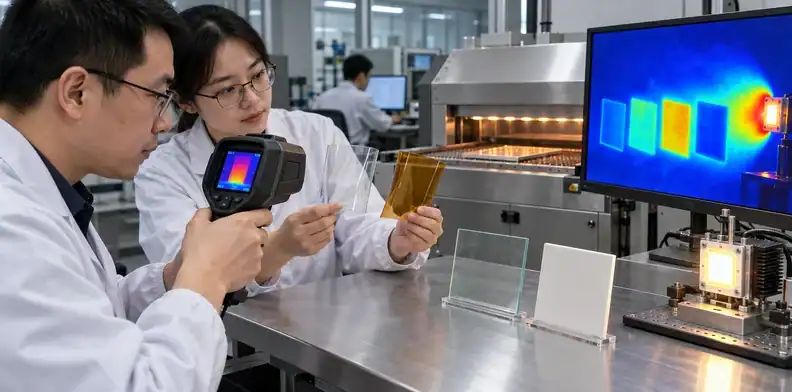 Transparent-substrate circuit samples undergo controlled thermal review.