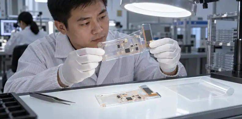 Pads, finish, solder joints, and components remain visible on a clear assembly.