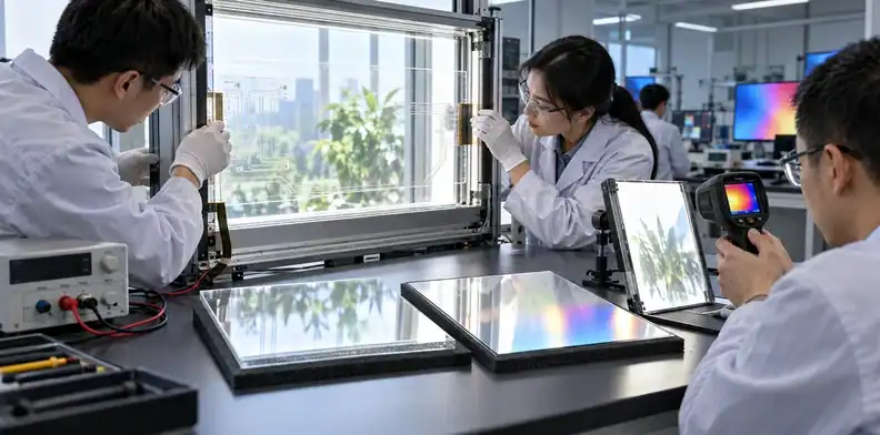 A transparent circuit prototype array undergoes optical and electrical validation.