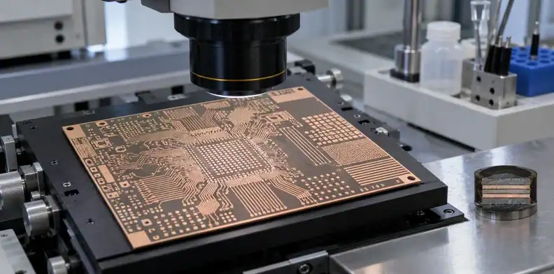 A patterned circuit layer rests on an inspection stage beside a polished sample.