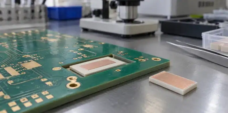 A ceramic integration sample shows a copper pad set back from the unmetalized insert perimeter.