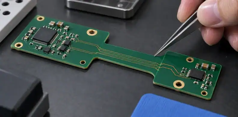 Copper paths cross a thin region while components remain on rigid sections.