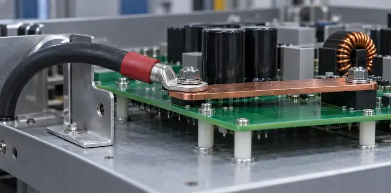 A cable-fed busbar is held by a chassis bracket and board standoffs.