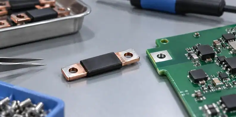 An insulated busbar span has exposed copper ends beside circuit-board contact lands.