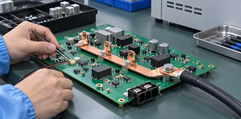 A mounted busbar has an end terminal and several separated connections along a green board.