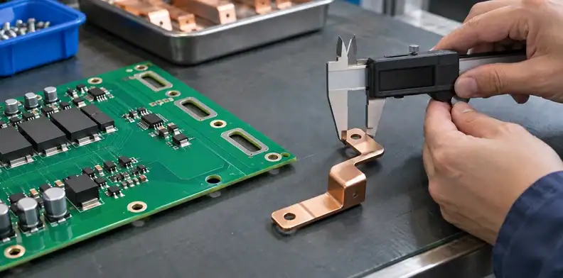 A caliper checks a formed busbar tab beside a green board with matching slots.