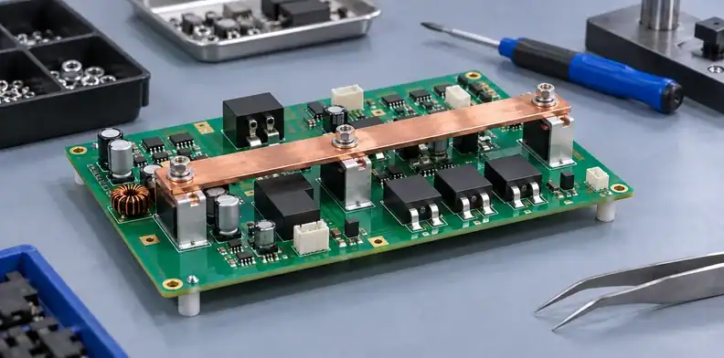 A PCB busbar crosses a green circuit board beside supported terminal connections.