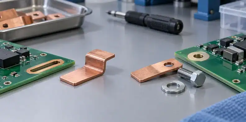 Two small busbar samples show a formed tab and a bolted contact beside matching circuit-board features.